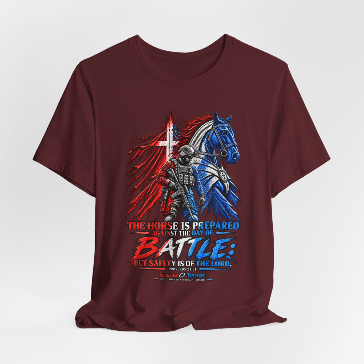 Battle Knight Tee — Patriotic Red & Blue Knight Horse Graphic T-Shirt