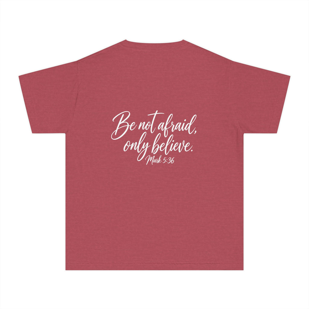 Faith Over Fear Youth Tee White lettering — Inspirational Christian Kids T‑Shirt (Be Not Afraid, Only Believe)