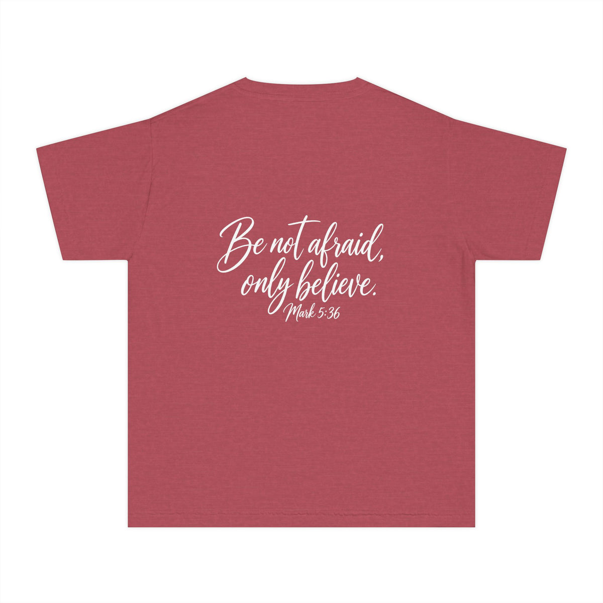 Faith Over Fear Youth Tee White lettering — Inspirational Christian Kids T‑Shirt (Be Not Afraid, Only Believe)