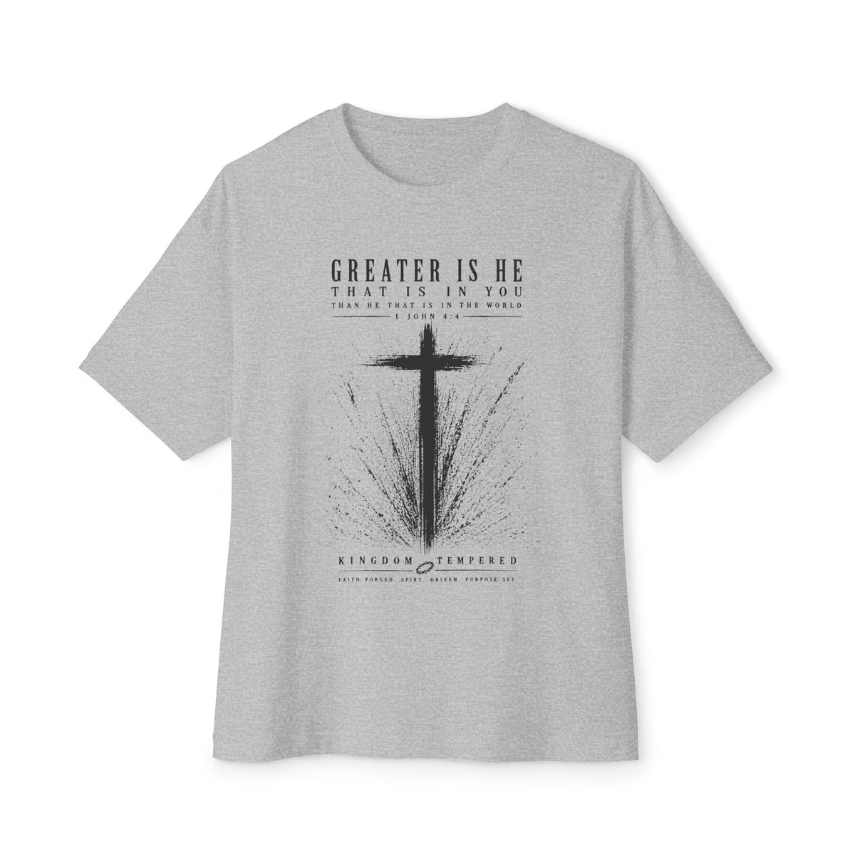 Christian Cross Tee — “Greater Is He” Inspirational Faith T-Shirt