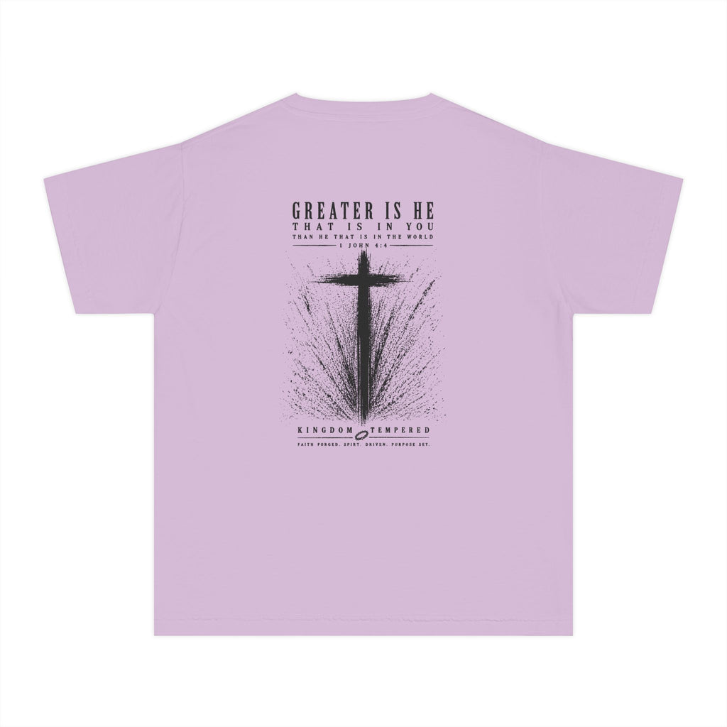 Youth Christian Cross Tee — "Greater Is He" Inspirational Church Shirt