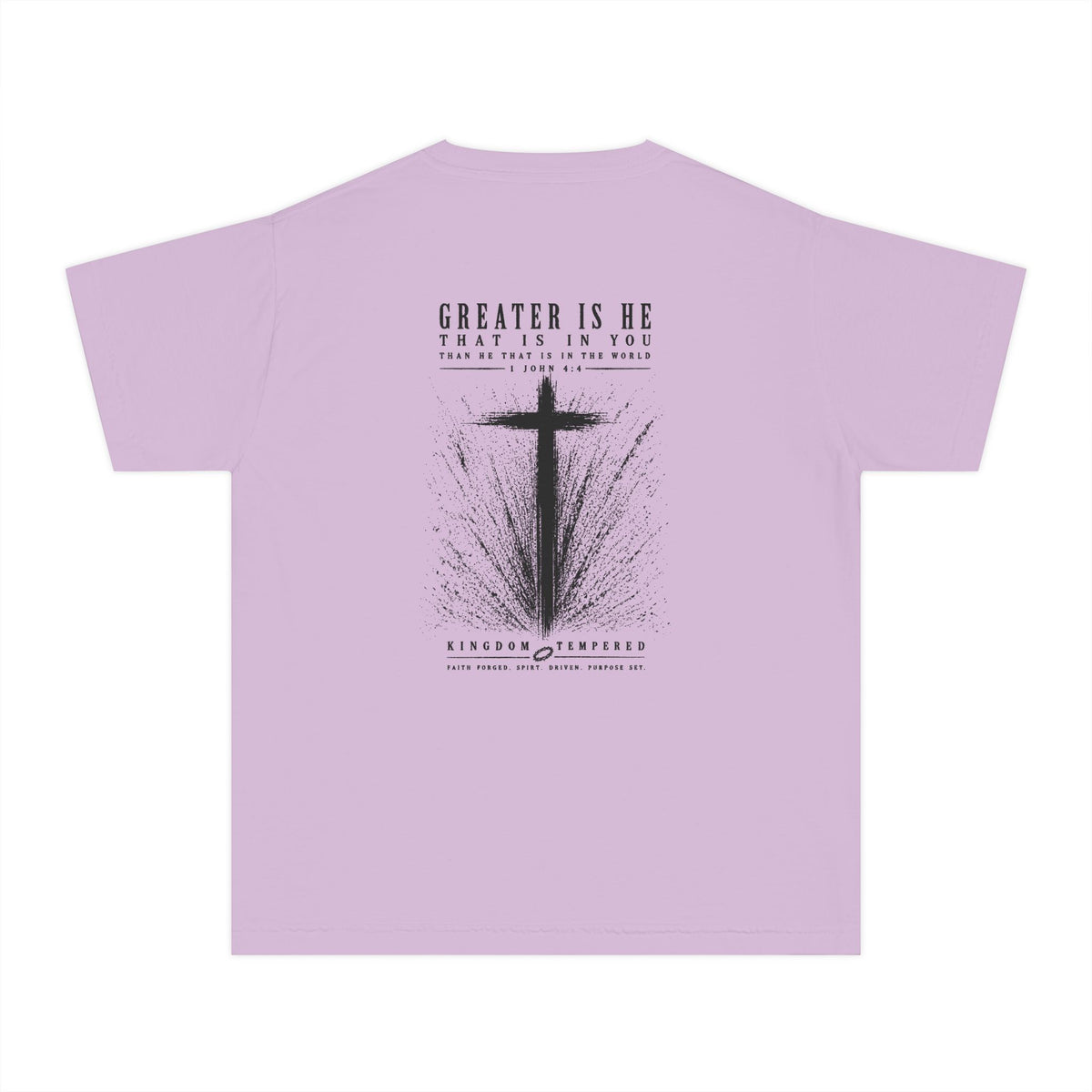 Youth Christian Cross Tee — "Greater Is He" Inspirational Church Shirt