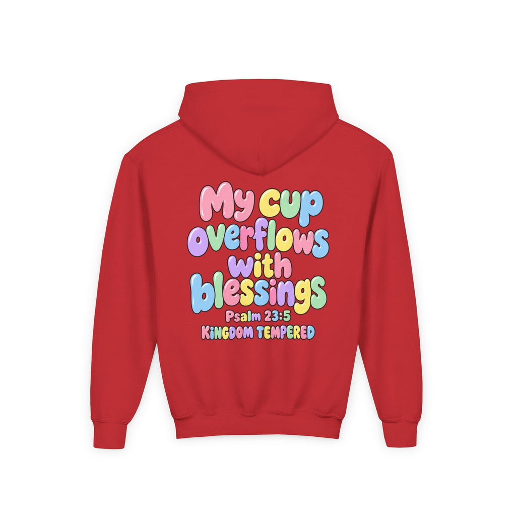 Youth Hoodie — "My Cup Overflows with Blessings" Pastel Christian Psalm 23:5 Design