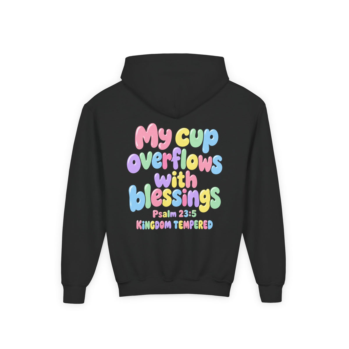 Youth Hoodie — "My Cup Overflows with Blessings" Pastel Christian Psalm 23:5 Design