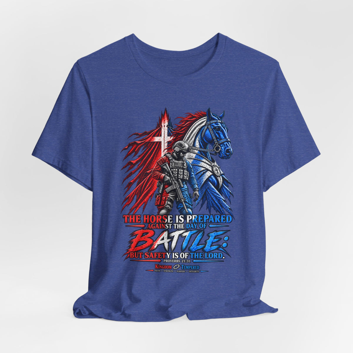 Battle Knight Tee — Patriotic Red & Blue Knight Horse Graphic T-Shirt
