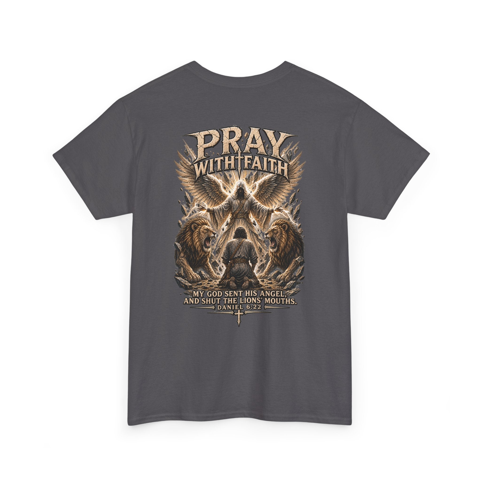 Pray With Faith Tee — Lion & Cross Christian Graphic T-Shirt
