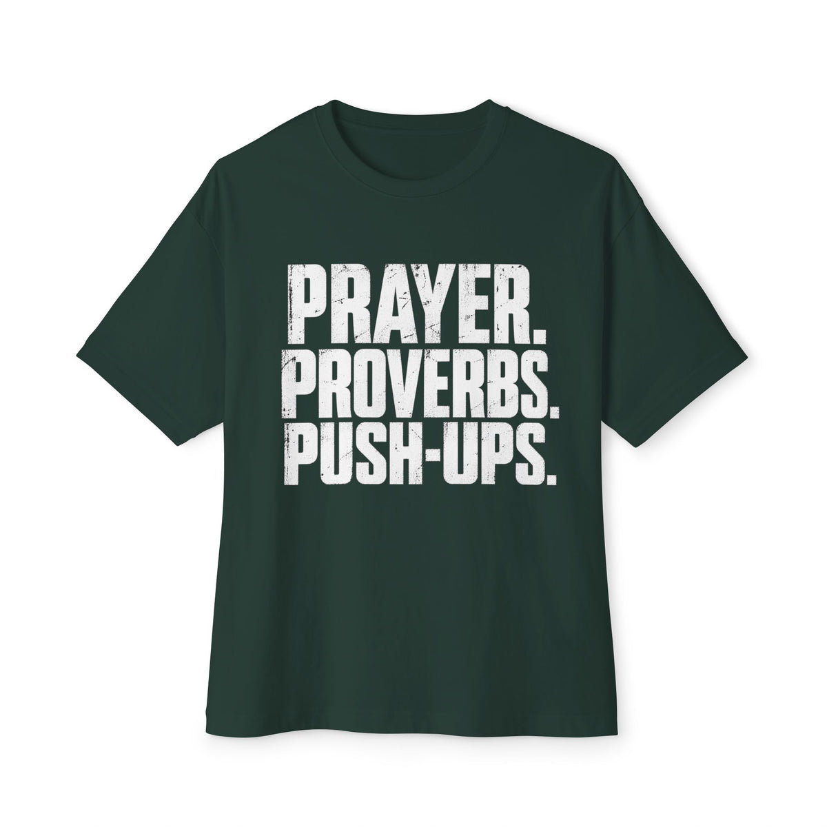 Prayer. Proverbs. Push-Ups. Oversized boxy Tee — Christian Faith & Fitness Graphic T-Shirt