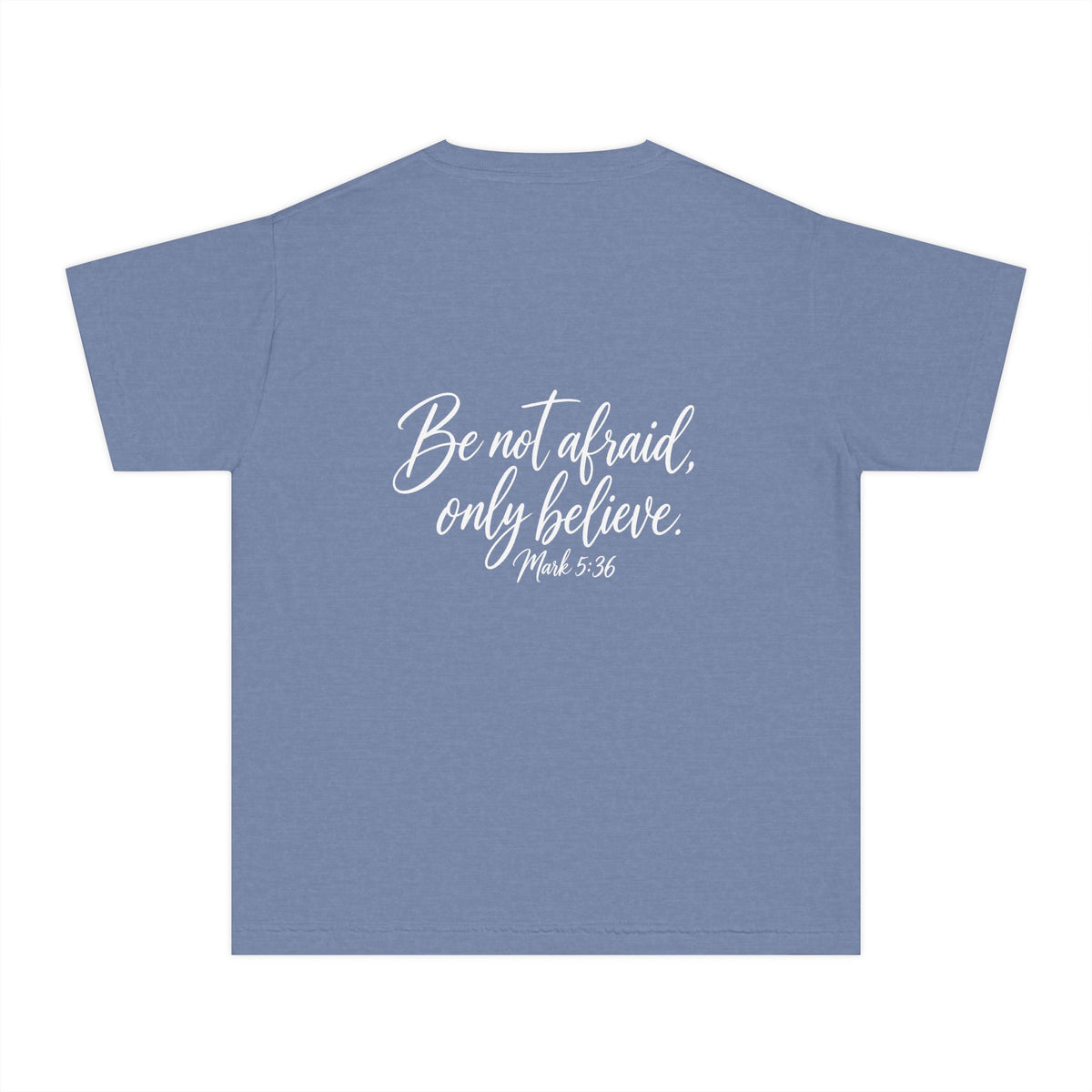 Faith Over Fear Youth Tee White lettering — Inspirational Christian Kids T‑Shirt (Be Not Afraid, Only Believe)
