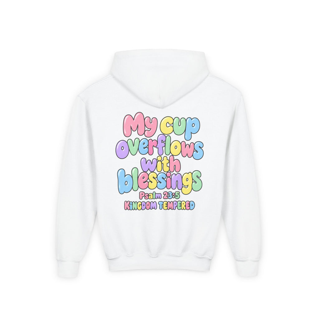 Youth Hoodie — "My Cup Overflows with Blessings" Pastel Christian Psalm 23:5 Design