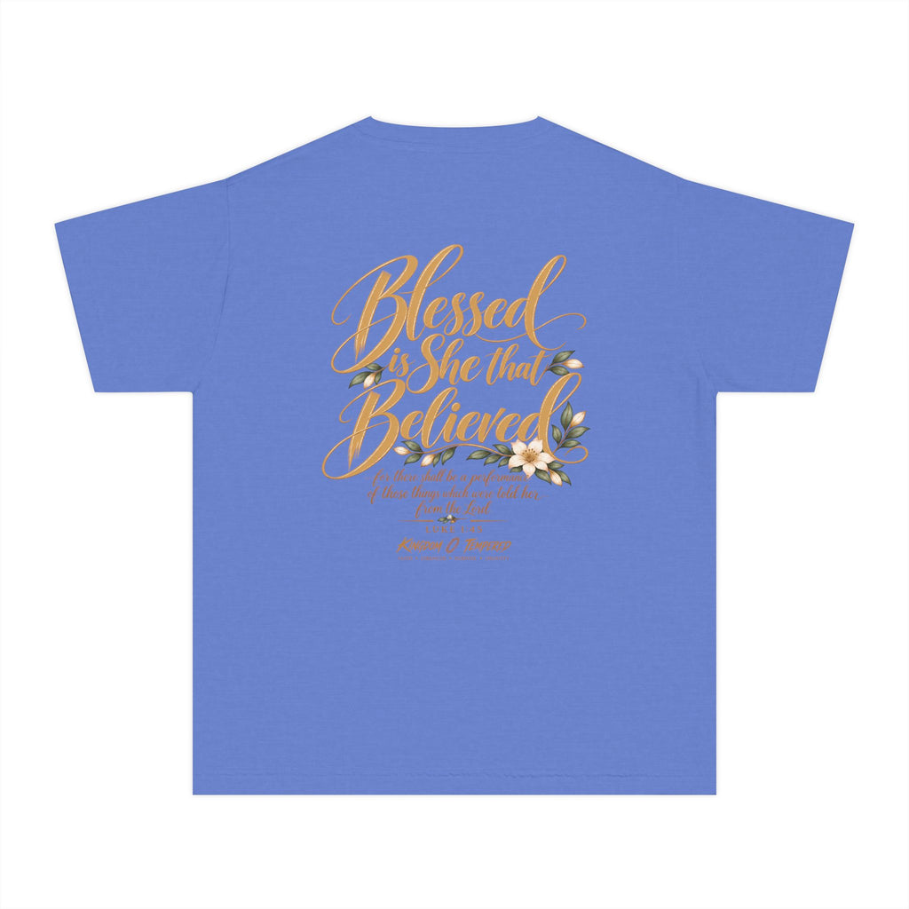 Youth Tee — "Blessed Is She That Believed" Inspirational Christian Kids Shirt