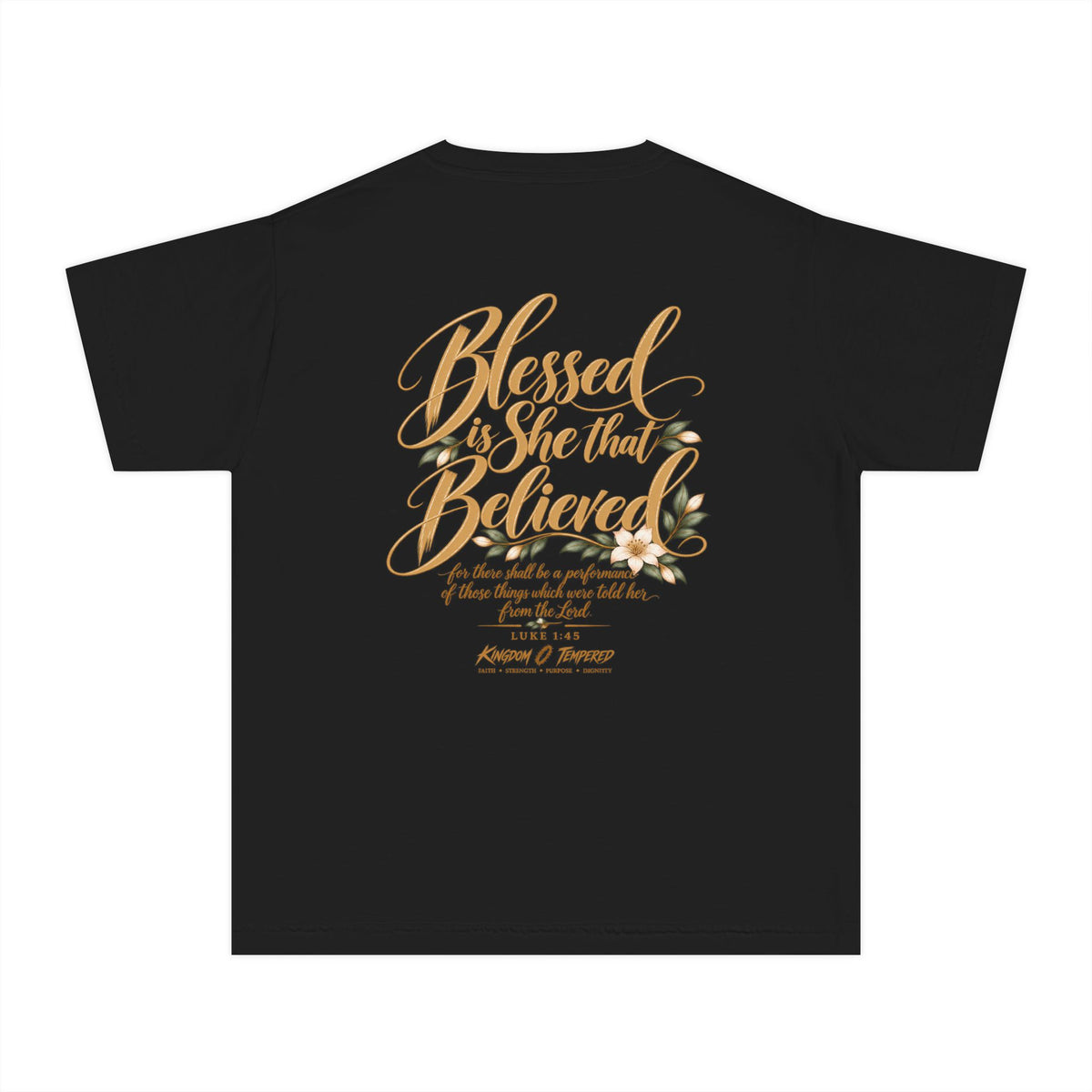 Youth Tee — "Blessed Is She That Believed" Inspirational Christian Kids Shirt