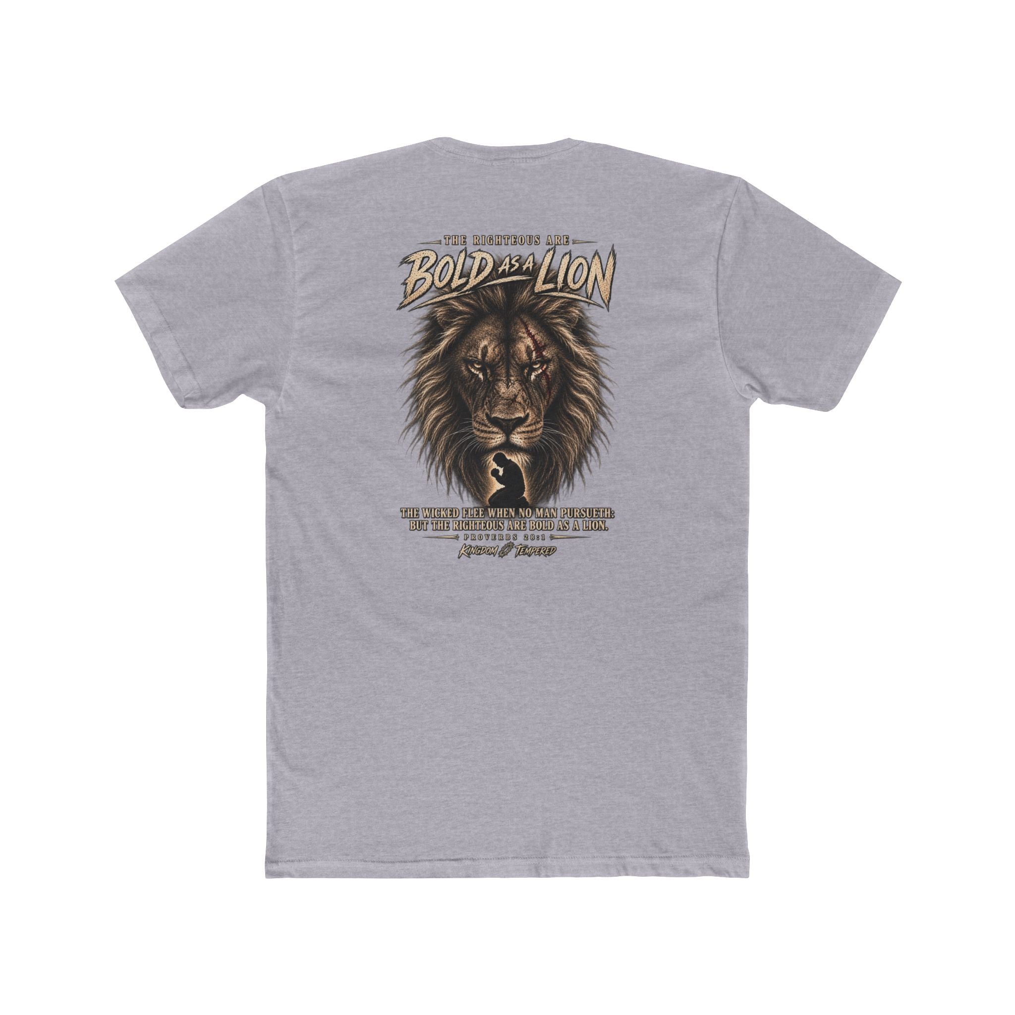 Lion Graphic Tee — "Bold as a Lion" Inspirational Christian Tee (Kingdom-Tempered) — Proverbs 28:1