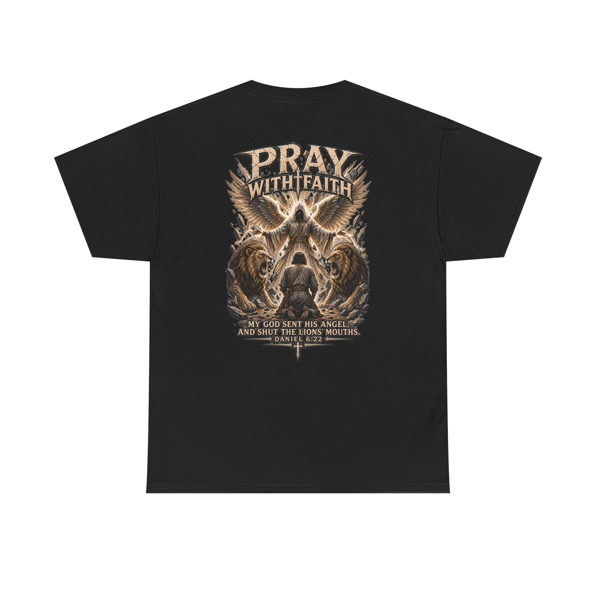 Pray With Faith Tee — Lion & Cross Christian Graphic T-Shirt